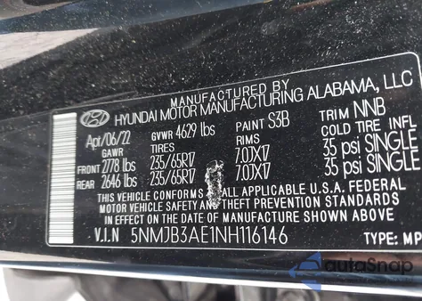 2022 Hyundai Tucson Sel from USA, damaged, VIN 5NMJB3AE1NH116146